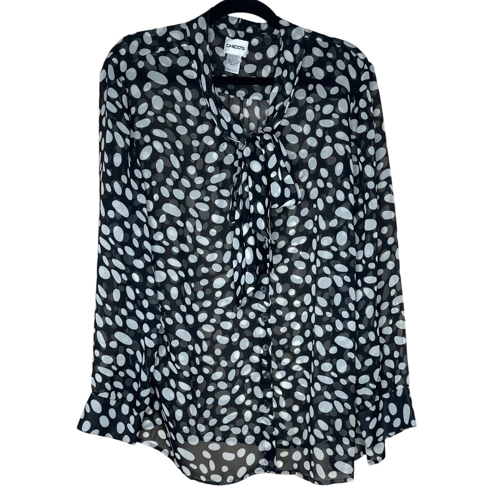 Chicos Top‎ Women's 3 (L) Black Polka Dots Sheer Button Front Blouse Long Sleeve